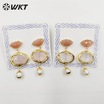 WT-E710 Wholesale Newest Fashion Gold Triple Stone Combined Earrings Women Wire Wrapped Handmade Gemstone Quartz Earrings