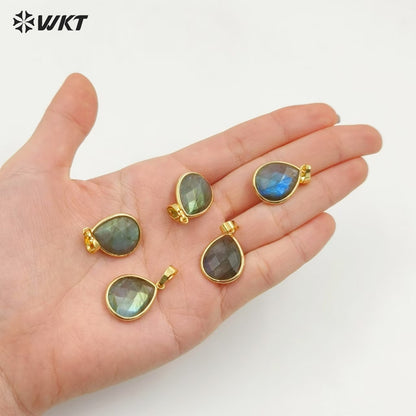 WT-P799 Faceted Teardrop Labradorite Pendant with Gold Electroplated Natual Colors Gold Pendant for Necklace Handmade Stone