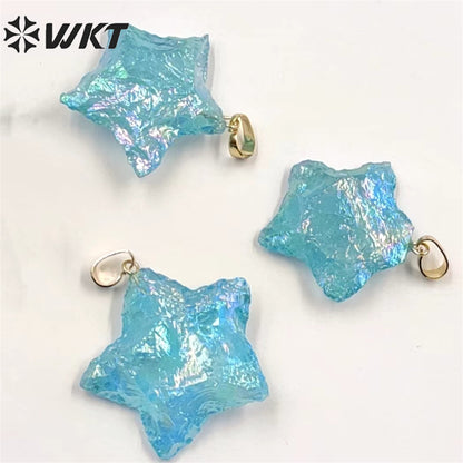 WT-P1885 Amazing Natural Aqua Aura Crystal Quartz Pendant Single Loop Raw Stone Quartz Star Pendant for Necklace Design