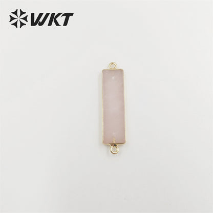WT-C310 Amazing Fashion Double Loops Gold Plated Long Straight bar Connectors Lady Natural Rose Quartz Stone Jewelry Connector