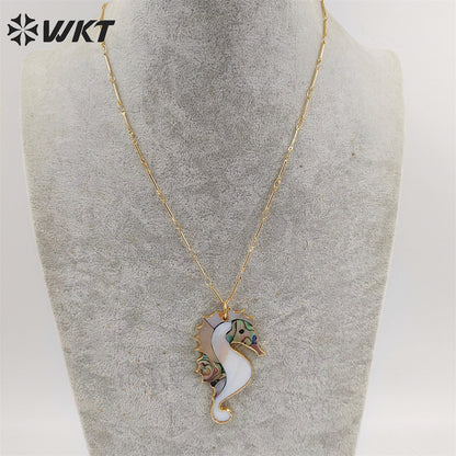 WT-N1069 WKT Wholesale New Fashion Stick Link Chain Jewelry Seahorse Shape Natural Abalone Shell Necklace
