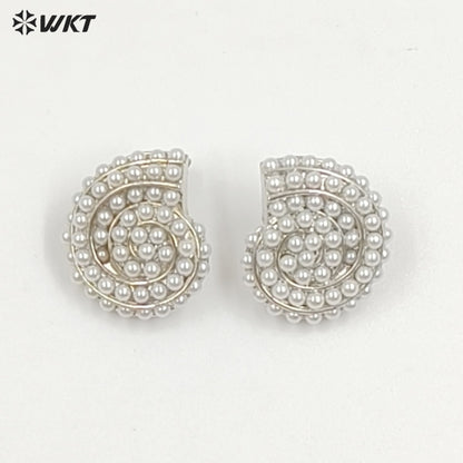 WT-ME125 Newest Design Jewelry Brass Gold And Silver Plated With Artificial Pearl Conch Shape Earrings For Girl Daily Wearing
