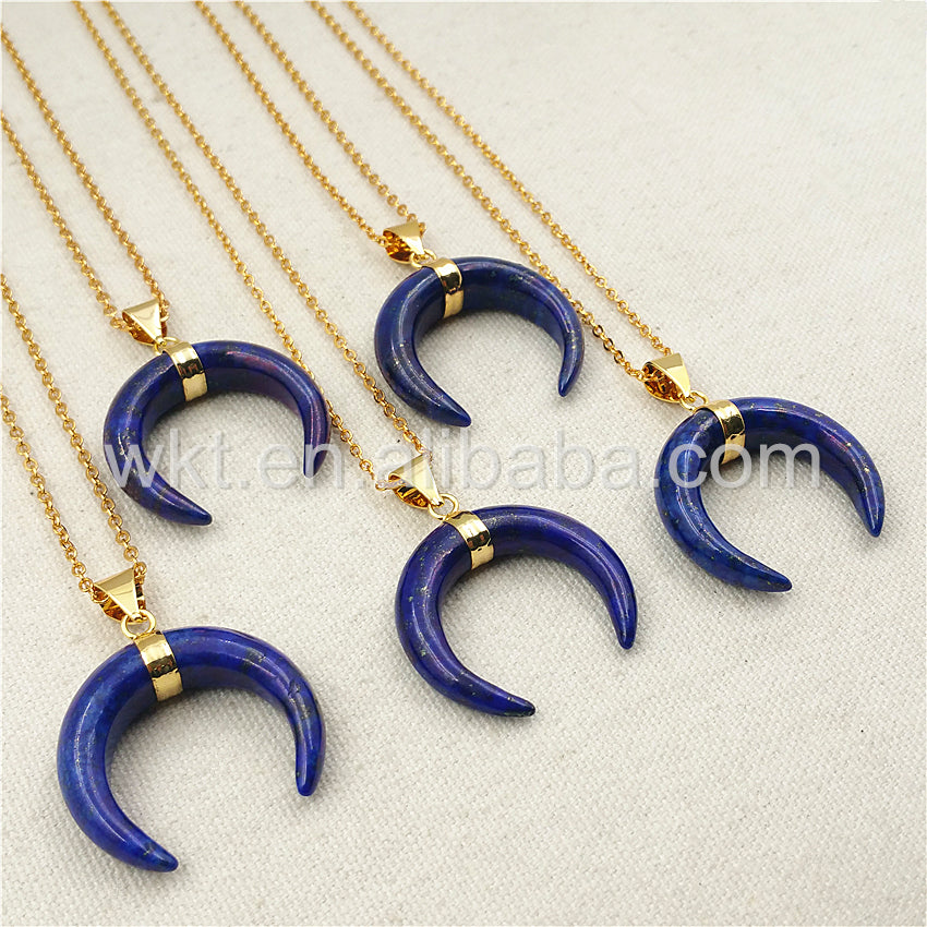 WT-N852 Newest Blue Lapis Stone Horn Necklace with 18" Gold Plated in High Quality Natural Stone Lapis Horn Necklace Wholesale