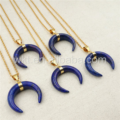 WT-N852 Newest Blue Lapis Stone Horn Necklace with 18" Gold Plated in High Quality Natural Stone Lapis Horn Necklace Wholesale