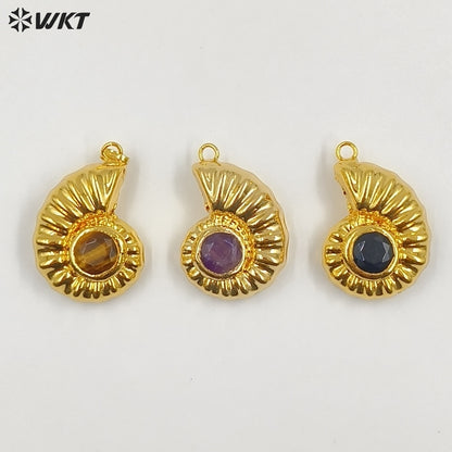 WT-P2056 High Quality Lovely Gold Silver Plated Metal With Natural Gemstones Shell Shape Pendants For Handmade Necklace DIY