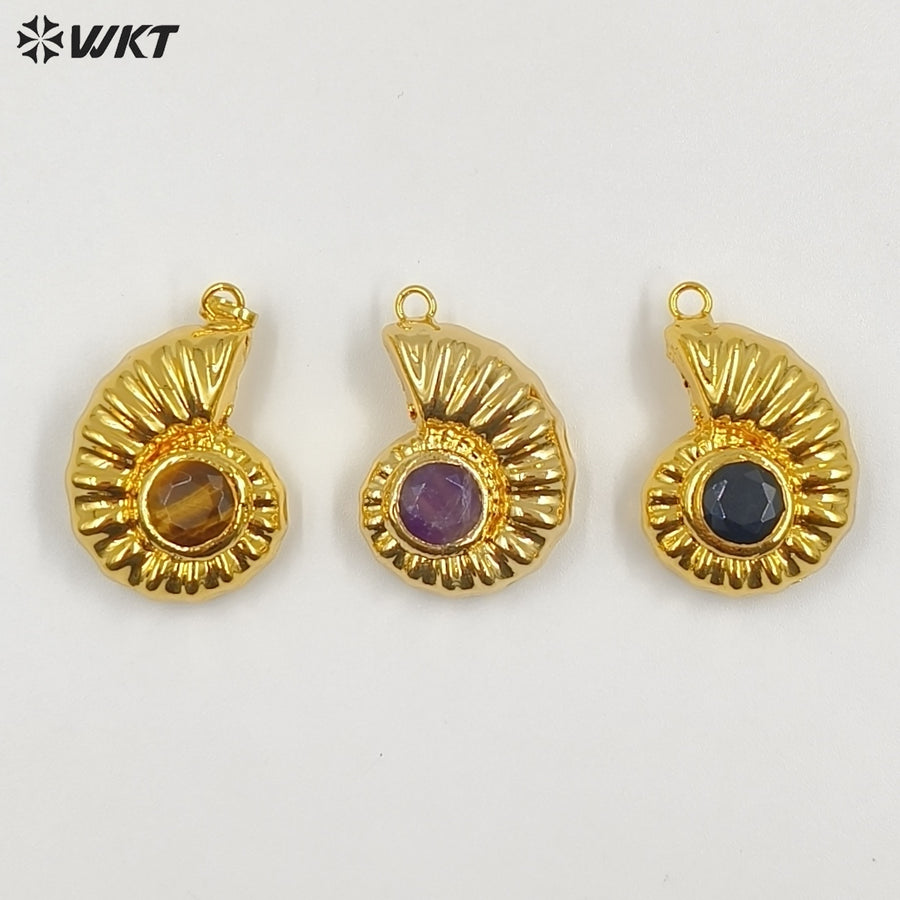 WT-P2056 High Quality Lovely Gold Silver Plated Metal With Natural Gemstones Shell Shape Pendants For Handmade Necklace DIY