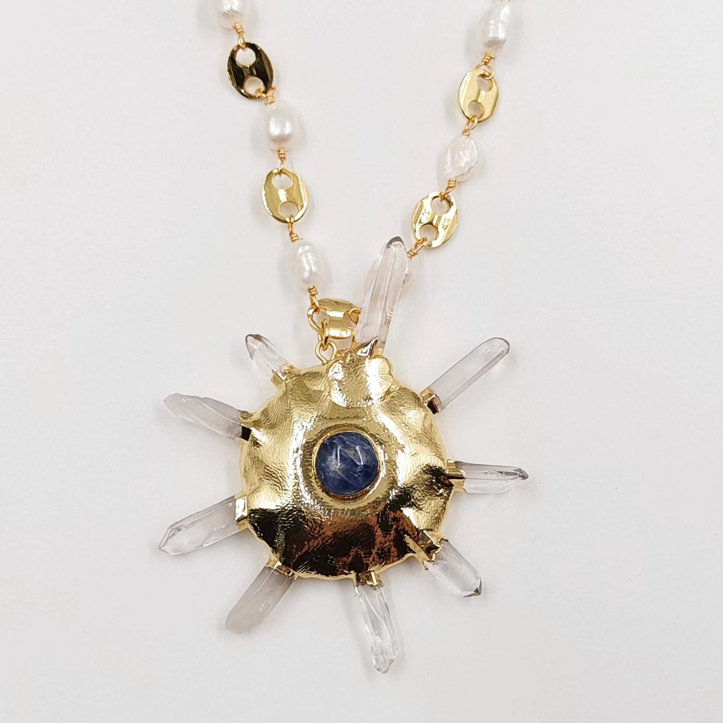 WT-JN248 Wholesale Punk Style  Crystal Quartz/Freshwater Pearl  18 inch Gift For Women   Sun Shaped Gemstone Necklace