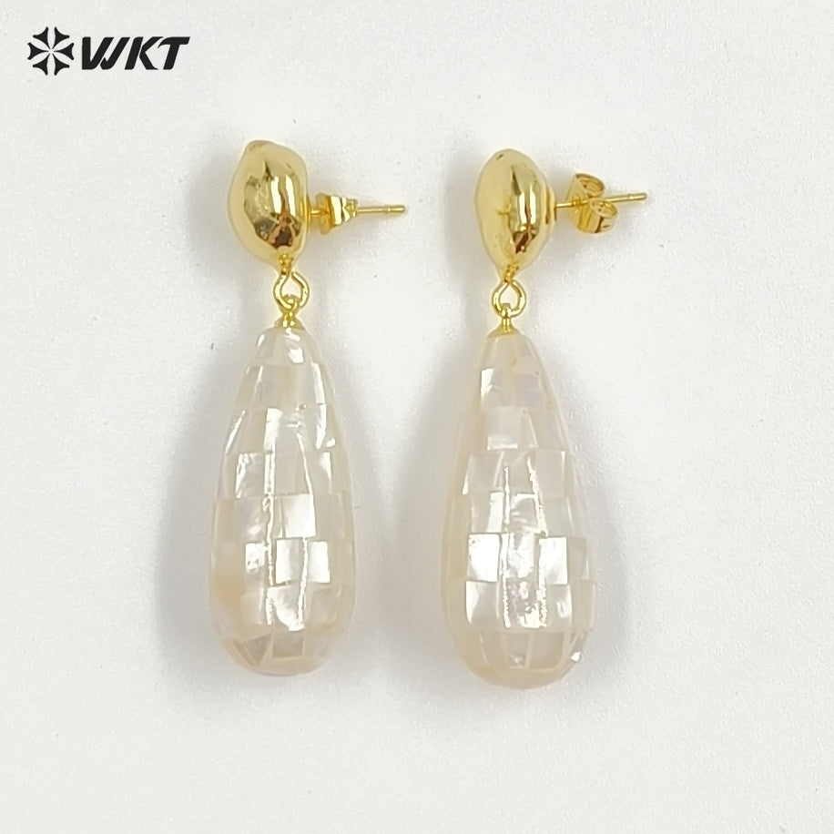 WT-MPE190 Elegant Style Gold Plated Natural Abalone And White Shell Waterdrop Shape Earrings For Lady Daily Decorative Jewelry