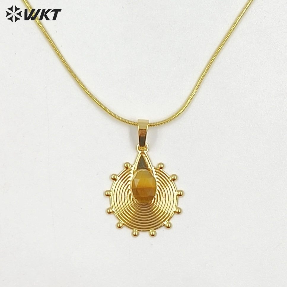 WT-N1545 Trendy Unique Gold Electroplated Natural Gemstone Sun Shape Pendant Necklaces As Women Party Wearing Accessory