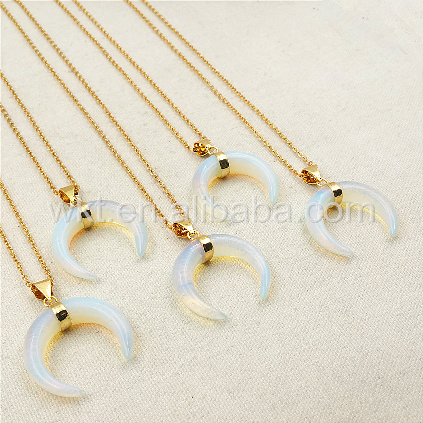WT-N850 Wholesale Charm Opal Horn Necklace & Pendant,18" Gold Chain Horn Necklace Natural Opal Stone Design Horn Necklace
