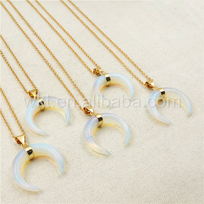 WT-N850 Wholesale Charm Opal Horn Necklace & Pendant,18" Gold Chain Horn Necklace Natural Opal Stone Design Horn Necklace