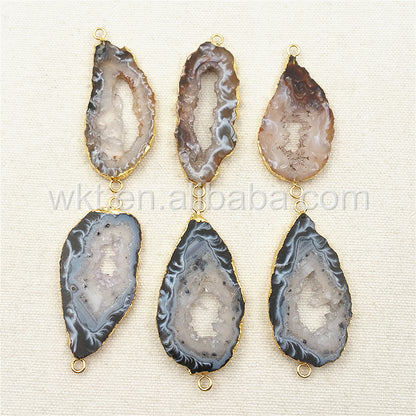 WT-C174 Unique Natural Druzy Geode Agate Connector,High Quality 24k Real Gold Plated Edge Randomly Agate Connector for Necklace