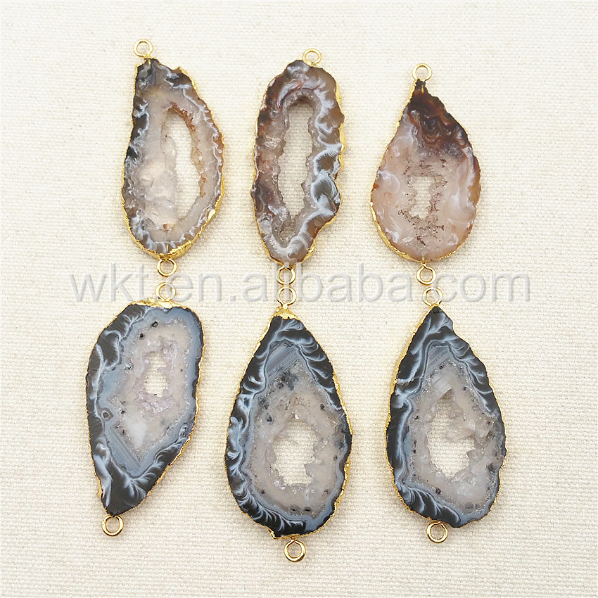 WT-C174 Unique Natural Druzy Geode Agate Connector,High Quality 24k Real Gold Plated Edge Randomly Agate Connector for Necklace