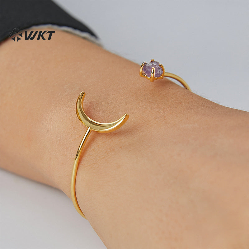 WT-MB130 Resist Tarnishable Elegant Women Bangle Moon Shape With Amethyst and Zircon Gold Color Fashion Jewelry High Quality