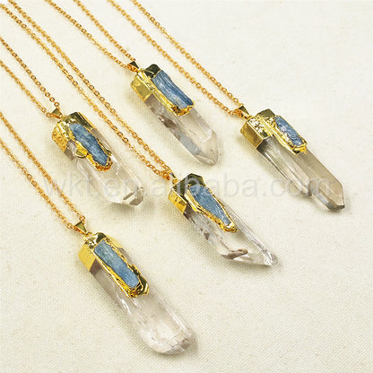 WT-N766 Newest Fashion Natural Clear Crystal Quartz Point With Blue Kyanite Charm Pendant Necklace
