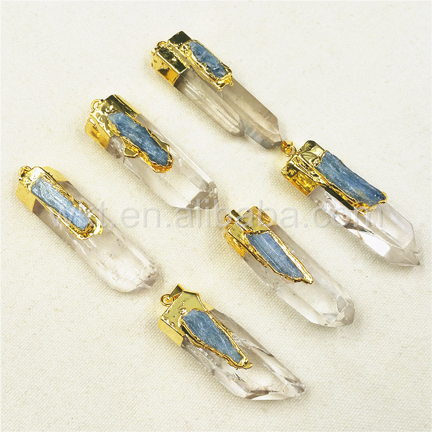 WT-P880 Newest Raw Crystal Quartz Point Pendant with Blue Kyanite Charm, Fashion Gold Plated clear Crystal Quartz Pendant