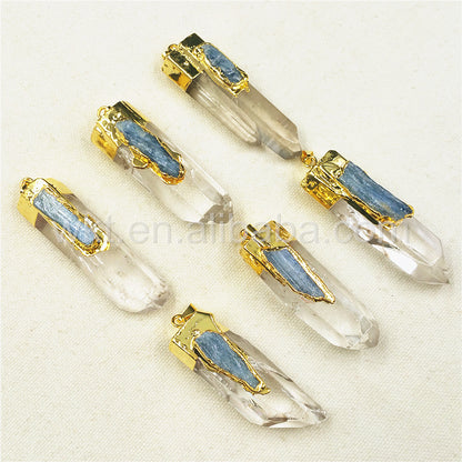 WT-P880 Newest Raw Crystal Quartz Point Pendant with Blue Kyanite Charm, Fashion Gold Plated clear Crystal Quartz Pendant