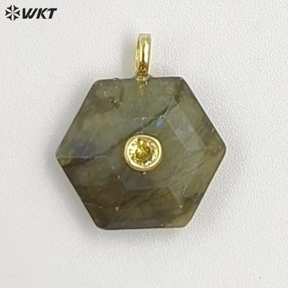 WT-P2060 Popular Trendy Round Zircon And Various Natural Gemstones Geometric Hexagon Pendants For Lady Necklace Handmade Jewelry