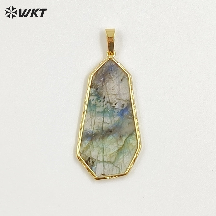 WT-P2127 Wholesale Gold Electroplated Natural Labradorite And Amazonite Stone Geometric Pendants For Lady Necklace Design