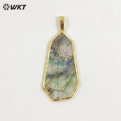 WT-P2127 Wholesale Gold Electroplated Natural Labradorite And Amazonite Stone Geometric Pendants For Lady Necklace Design