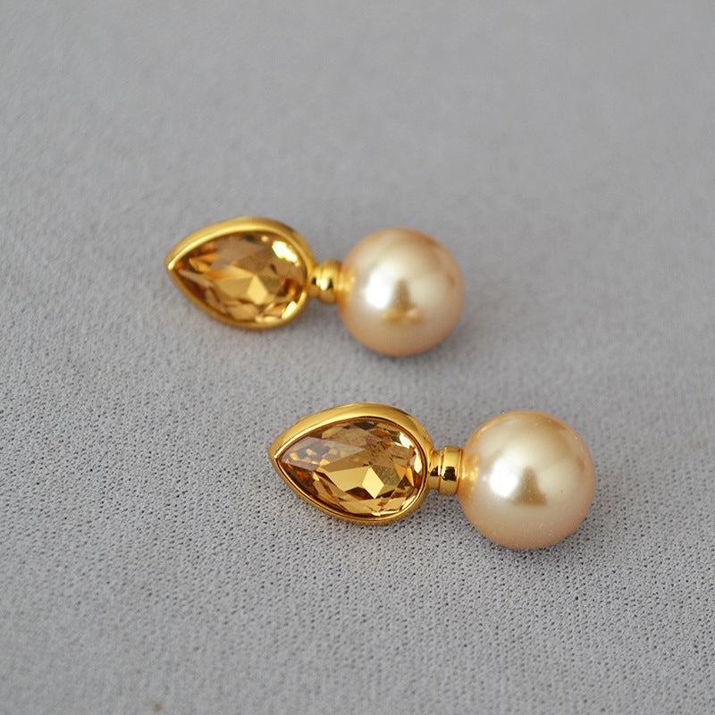 WT-MPE111 Droplet Gemstone Inlaid With Pearls 925 Silver Needles for Personalized Temperament Earrings