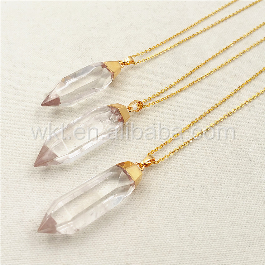 WT-N872 Amazing Clear Crystal Quartz Point Necklace for Holiday Gift,Natural Quartz With 24k Real Gold Plated Point Necklace