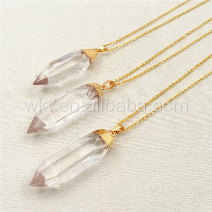 WT-N872 Amazing Clear Crystal Quartz Point Necklace for Holiday Gift,Natural Quartz With 24k Real Gold Plated Point Necklace