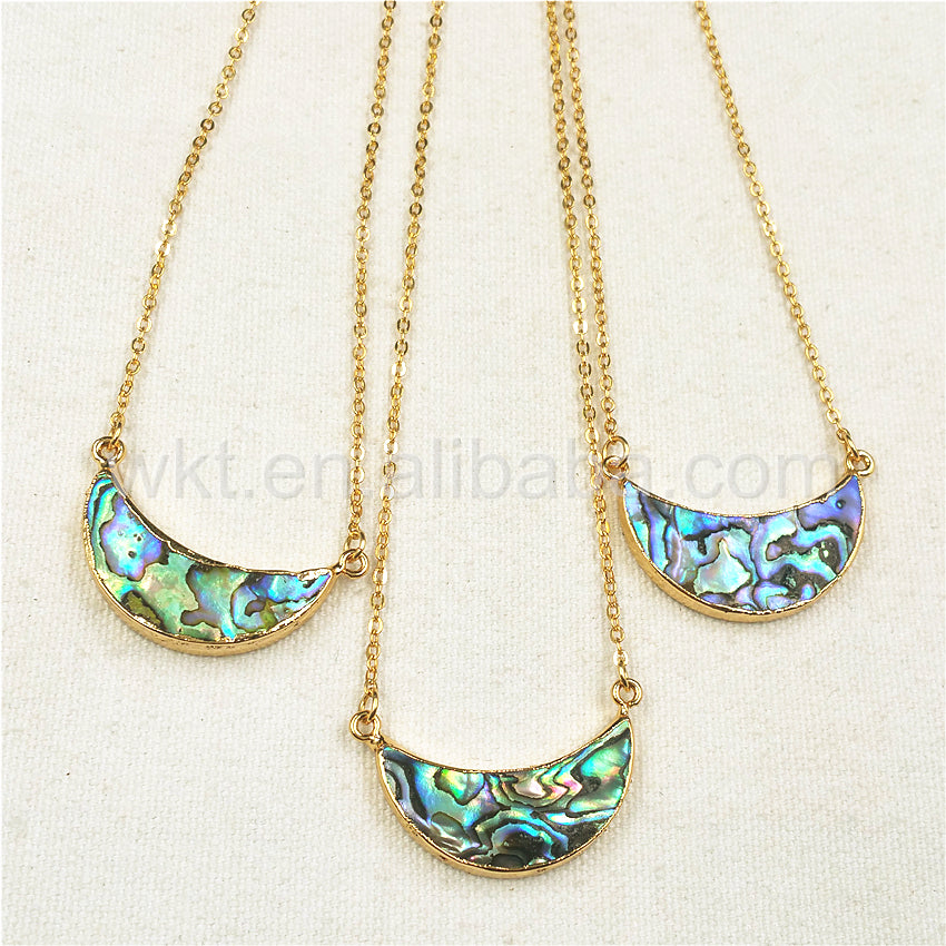 WT-N770 Newest Natural Gold Plated Abalone Crescent Moon Necklace, Hot Fashion Double Loops Abalone Crescent Moon Necklace