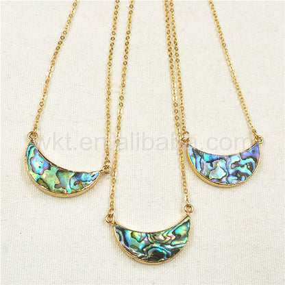 WT-N770 Newest Natural Gold Plated Abalone Crescent Moon Necklace, Hot Fashion Double Loops Abalone Crescent Moon Necklace