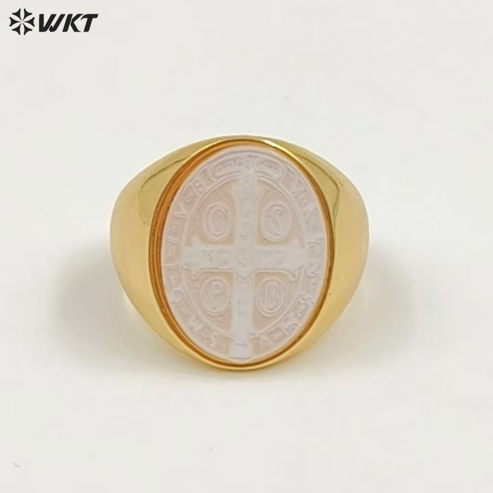WT-MPR157 Good Quality Vintage Style 18K Gold Plated Cross And Eagle Pattern Adjustable Shell Rings For Party Wearing Jewelry