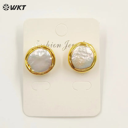 WT-MPE105 Latest Style Regular Freshwater Pearl Natural 18k Gold Plated Gift for Women Weeding 18mm Romantic Pendant Earrings