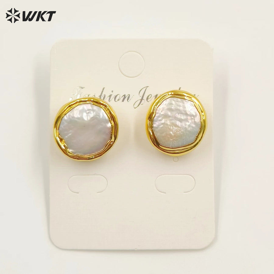 WT-MPE105 Latest Style Regular Freshwater Pearl Natural 18k Gold Plated Gift for Women Weeding 18mm Romantic Pendant Earrings