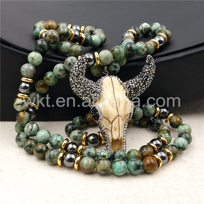 WT-N858 Wholesale 32" Beads Cattle Necklace Design Jewelry,8mm Africa Turquoise Beads Cattle Necklace Charm Rhinestone Paved