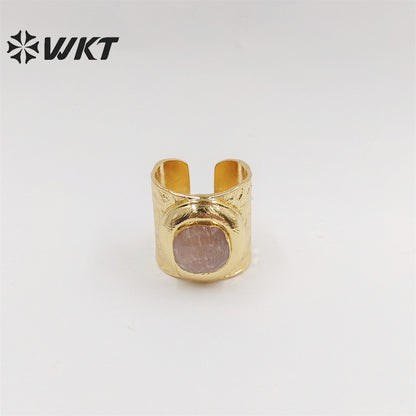 WT-R301 WKT New Design Fashion Gold Bezel 18k Real Gold Plated Natural Gemstone Ring Women Cocktail Finger Birthday Stone Ring