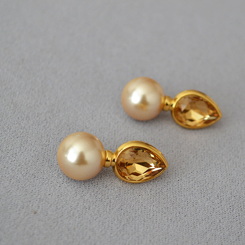 WT-MPE111 Droplet Gemstone Inlaid With Pearls 925 Silver Needles for Personalized Temperament Earrings