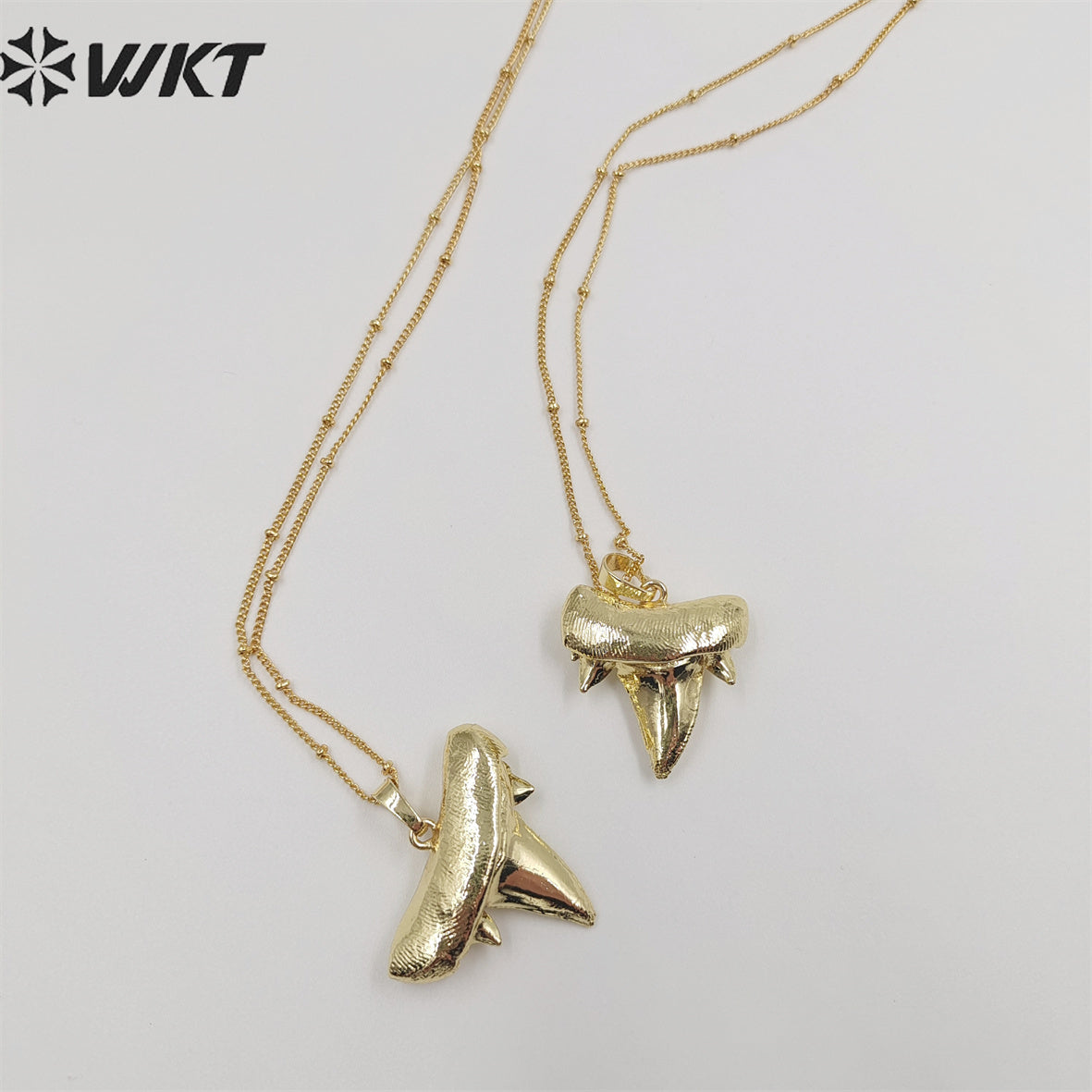 WT-N486 Wholesale Full Gold Electroplated Lovely Shark Teeth Necklace, Fashion Tiny Ball Bead Chain Shark Tooth Necklace