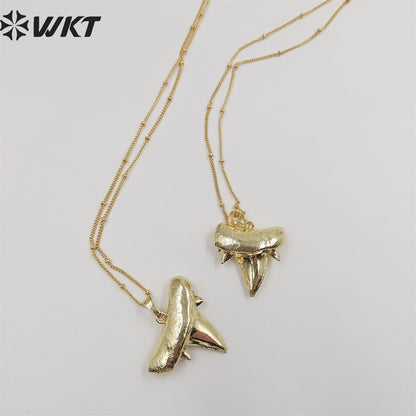 WT-N486 Wholesale Full Gold Electroplated Lovely Shark Teeth Necklace, Fashion Tiny Ball Bead Chain Shark Tooth Necklace
