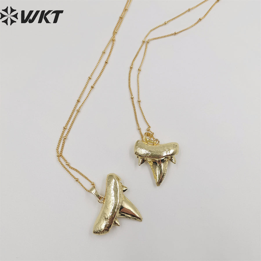 WT-N486 Wholesale Full Gold Electroplated Lovely Shark Teeth Necklace, Fashion Tiny Ball Bead Chain Shark Tooth Necklace