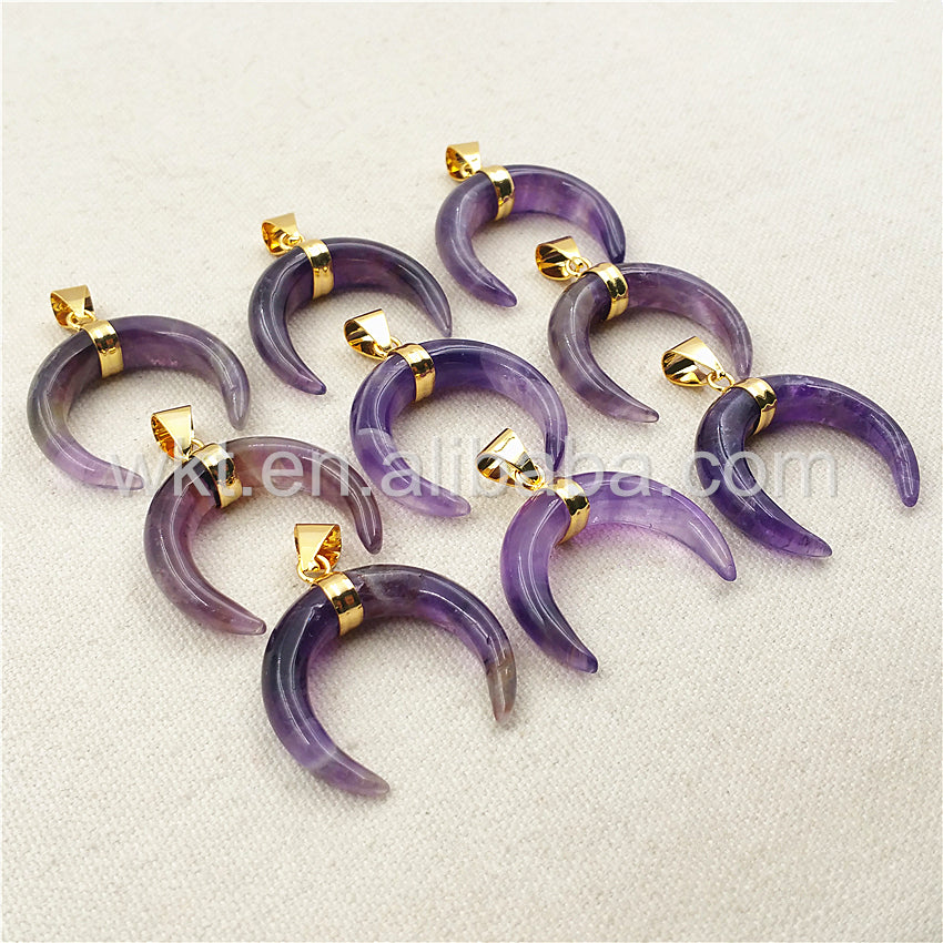 WT-P987 Wholesale Beautiful Amethyst Stone Pendant Fashion Crescent Moon Shape With Gold Plated Moon Stone Pendant