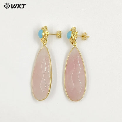 WT-E792 New Design Gold Plated Natural Small Gemstones And Pink Crystal Long Waterdrop Shape Earrings As Women Romantic Gift
