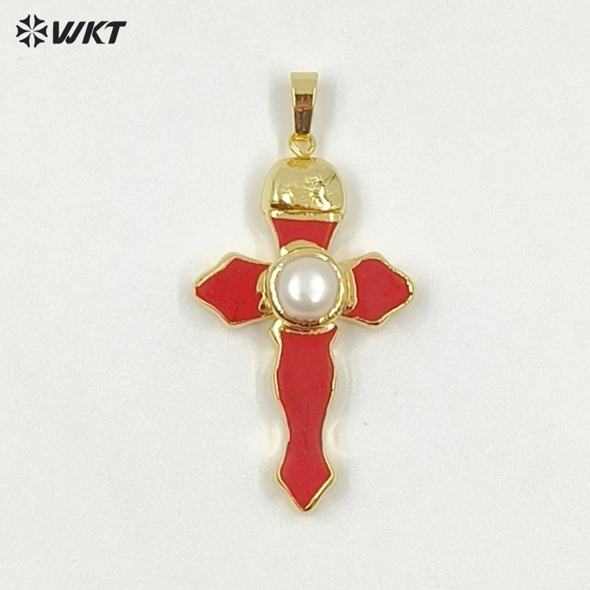 WT-P2092 New Arrival Gold Plated Multi Colors Natural Turquoise Stone And Pearl Cross Charm Pendants As Lady Jewelry Accessory