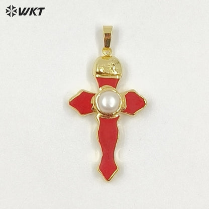 WT-P2092 New Arrival Gold Plated Multi Colors Natural Turquoise Stone And Pearl Cross Charm Pendants As Lady Jewelry Accessory