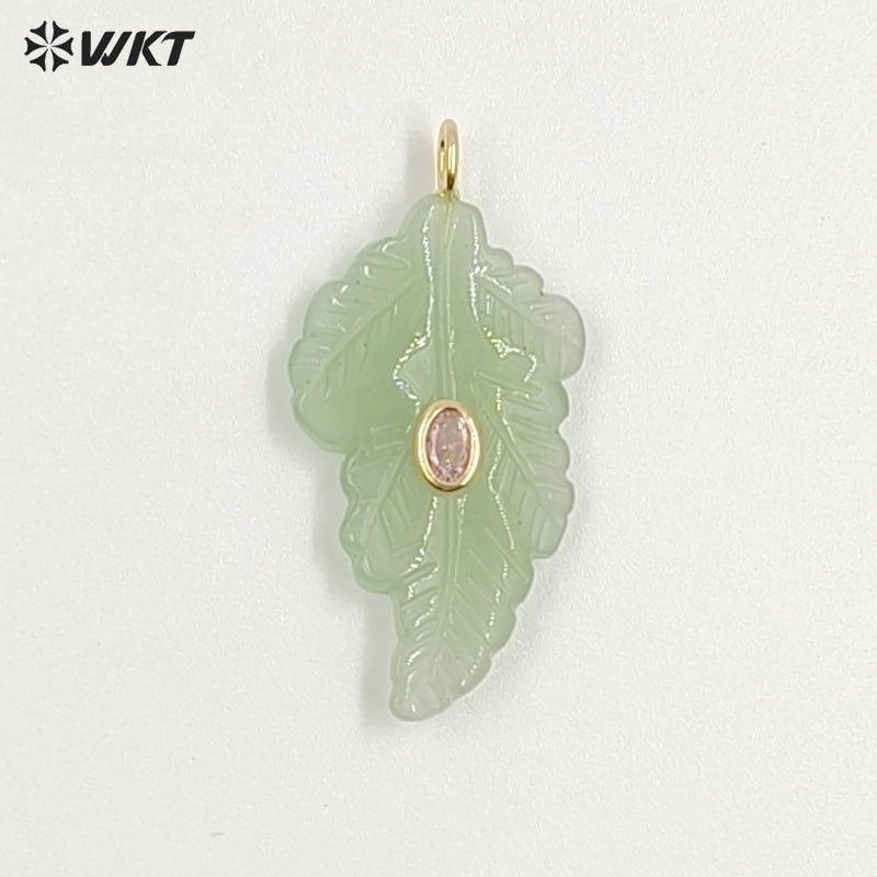 WT-P2094 High Quality Zircon Setting In Natural Gemstones Hand Carved Leaf Shape Pendants For Trendy Necklace Decorations