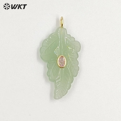 WT-P2094 High Quality Zircon Setting In Natural Gemstones Hand Carved Leaf Shape Pendants For Trendy Necklace Decorations
