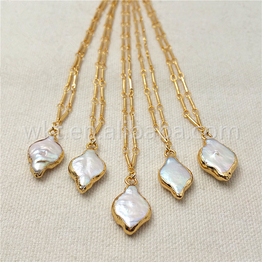 WT-N831 Wholesale Lovely Pearl Shell Necklace,15mm Fashion Natural Pearl With 24k Real Gold Dipped Shell Necklace for Women