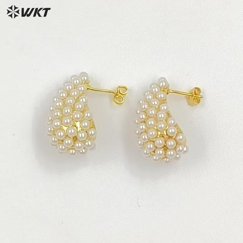 WT-ME129 Hot Sales Elegant Design Gold And Silver Plated Brass With Artificial Pearl Teardrop Shape Earrings For Wedding Gift