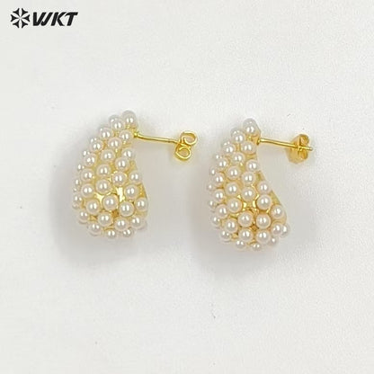 WT-ME129 Hot Sales Elegant Design Gold And Silver Plated Brass With Artificial Pearl Teardrop Shape Earrings For Wedding Gift