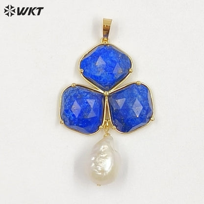 WT-JP506 Newest Wonderful 18K Gold Plated Three Natural Gemstones And Pearl Pendant For Female Earrings Jewelry Making