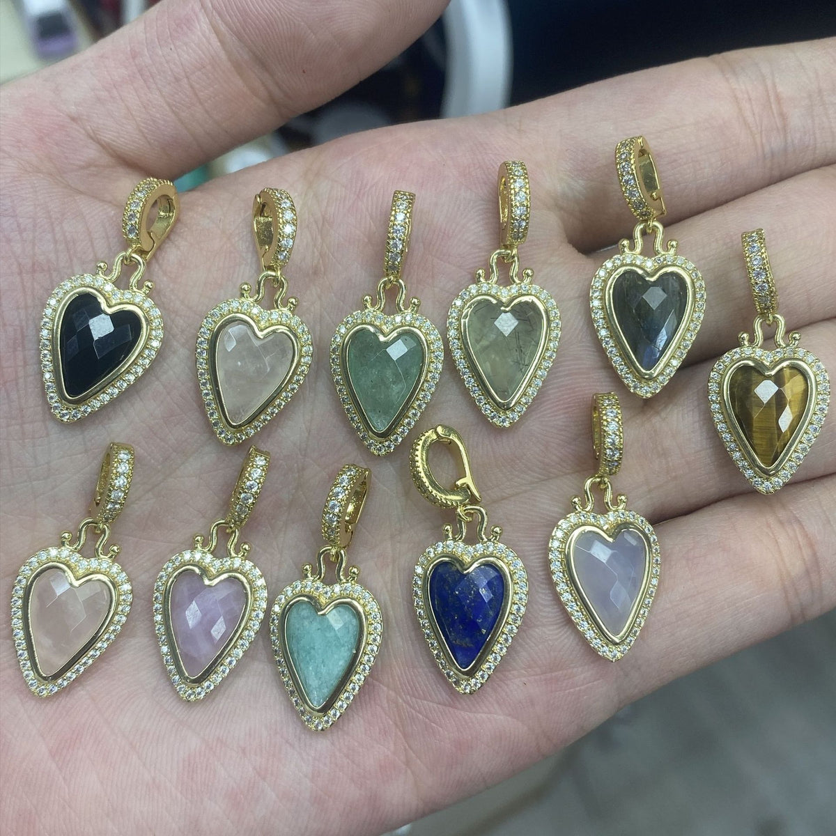WT-MP335 Wonderful Romantic 18K Gold Plated Zircon And Natural Gemstone Heart Shape Little Pendants For Earrings Necklace Making