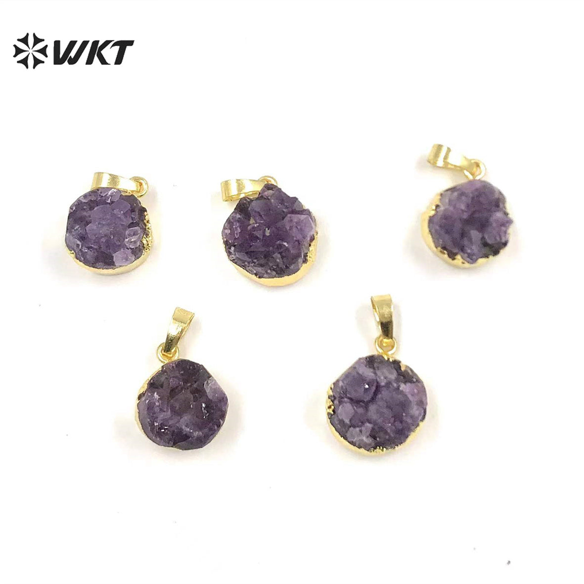 WT-N348 Wholesale Natural Round Druzy Amethyst Necklace, Hot Tiny Raw Amethyst Necklace With Gold Dipped